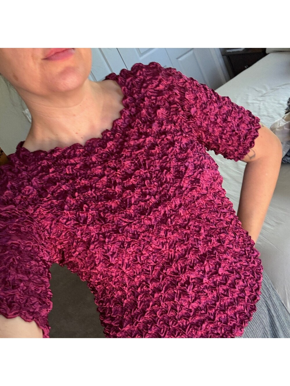 Y2K Popcorn Shirt Raspberry Bubble Top Crinkle Stretch Whimsigoth Fairycore